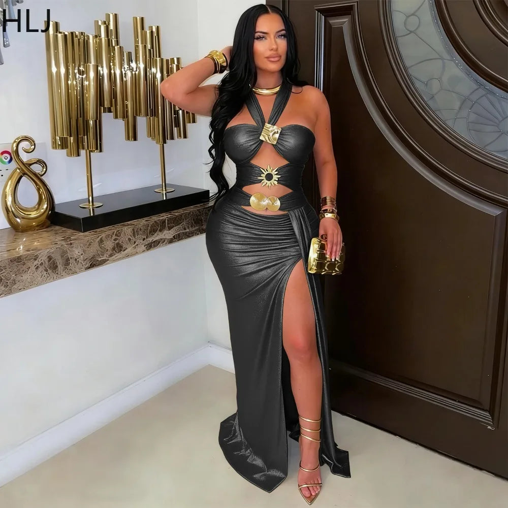 Sleeveless Halter Backless Slit Bodycon Maxi Dress for Women