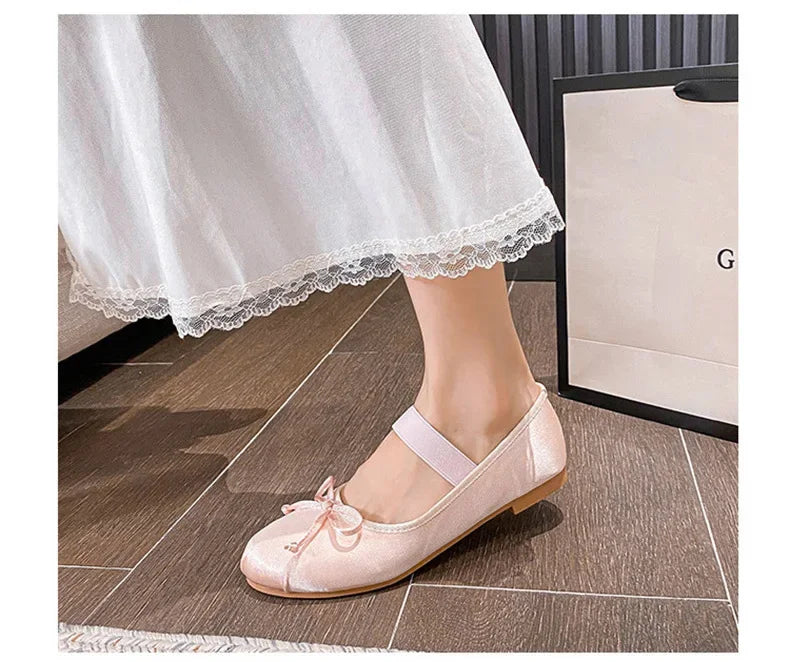 Round Toe Bow Satin Mary Jane Ballet Flats for Women