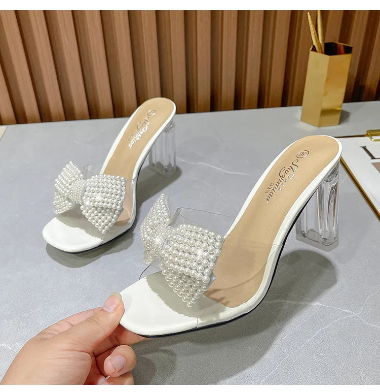 Pink Pearl Bow Design Clear Crystal High Heels for Women