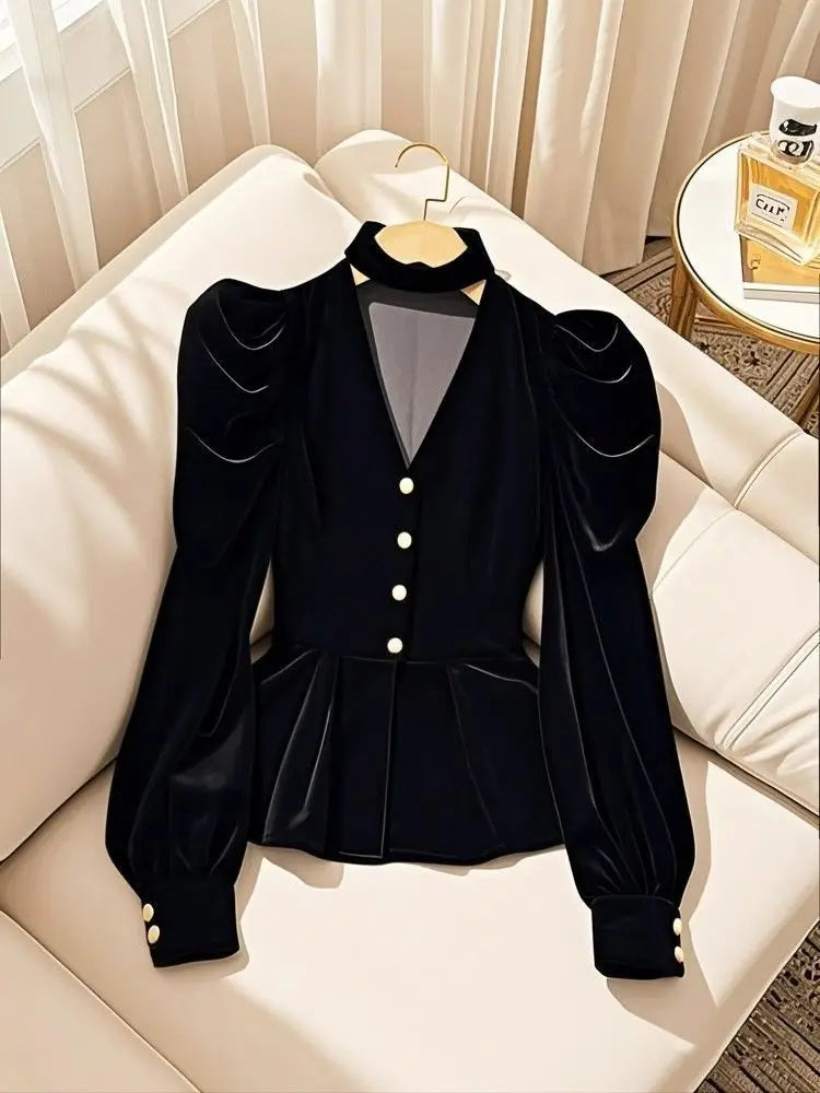 Black Velvet Long Sleeved Shirt for Women, 2025 Spring and Autumn New Top