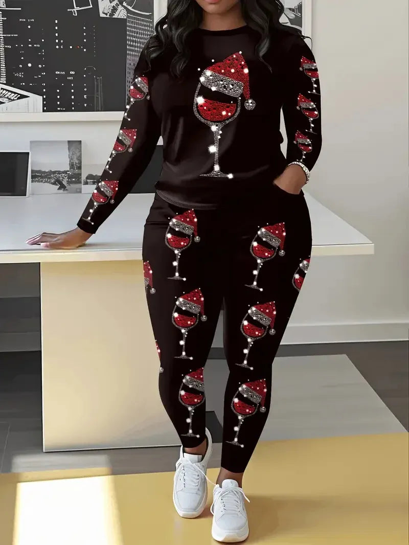 Plus Size Wine Glass Print Two-Piece Set
