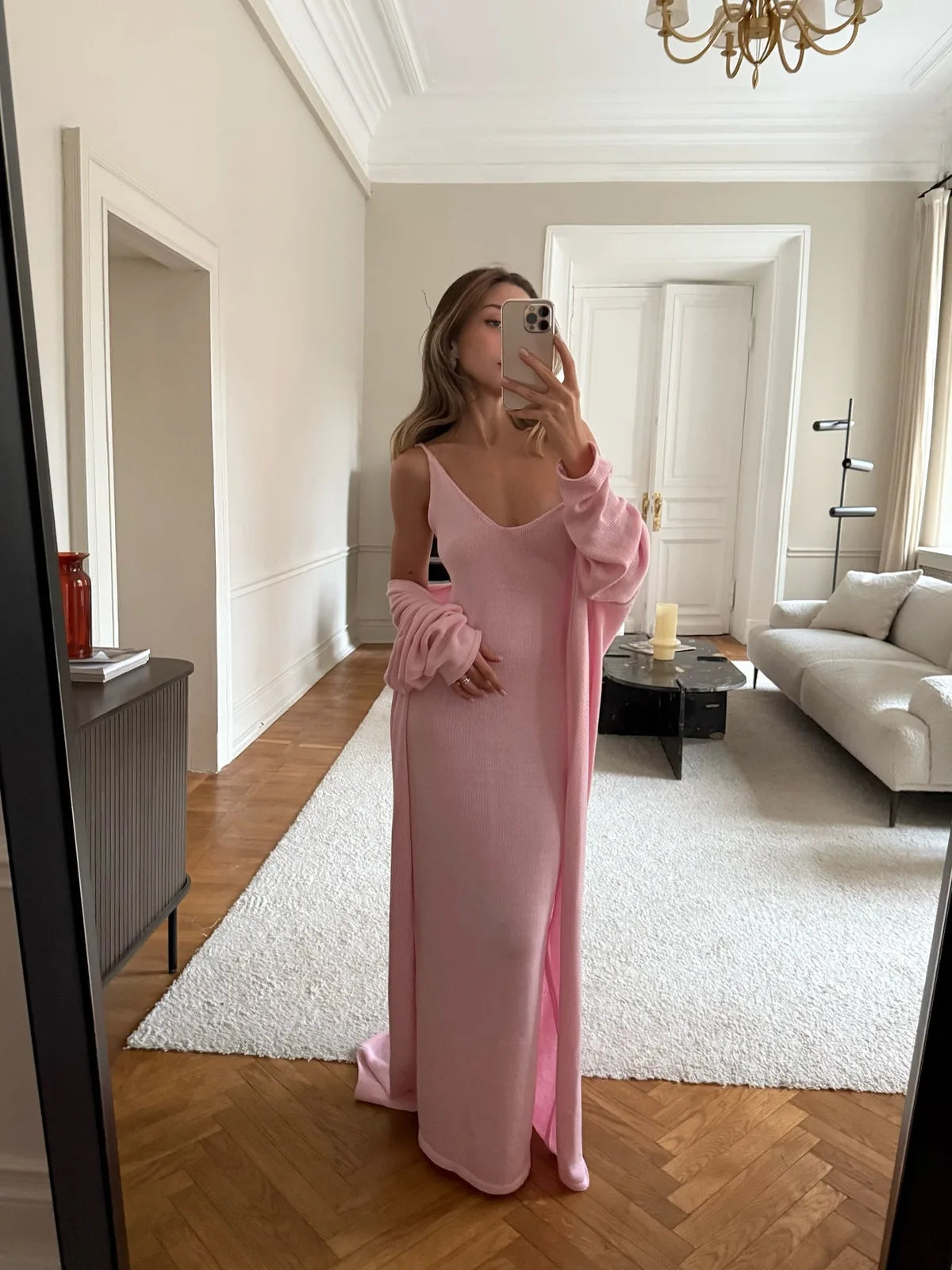 V-Neck Ribbed Knit Maxi Dress Set