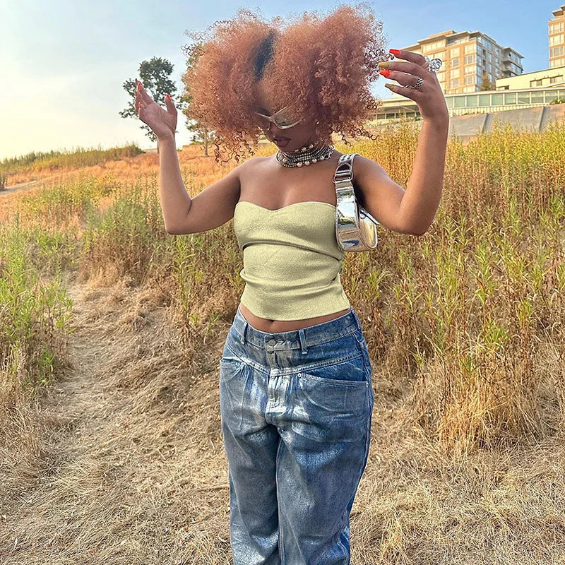 Cryptographic Fashion Vintage Strapless Gold Crop Tops Party Club Outfits for Women Tube Vest Sexy Backless Bustier Tops Y2K