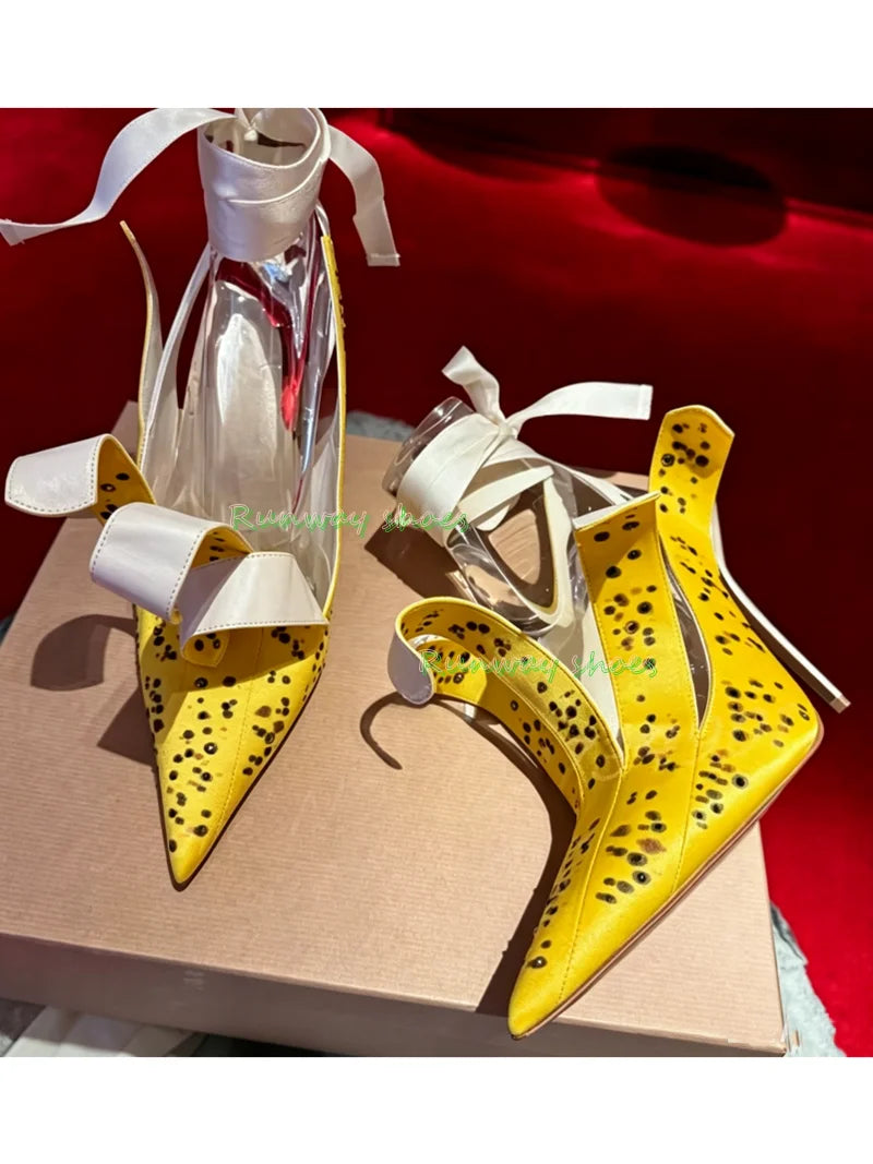 Bright Yellow Silk Pointed Stiletto Heels With Ankle Strap For Women