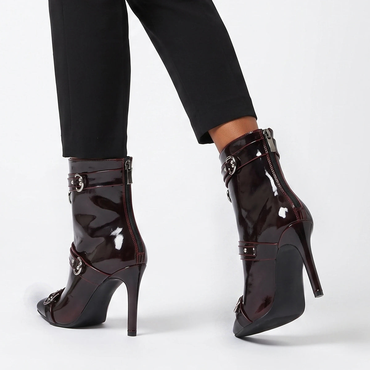Burgundy Patent Leather Buckle Ankle Boots for Women