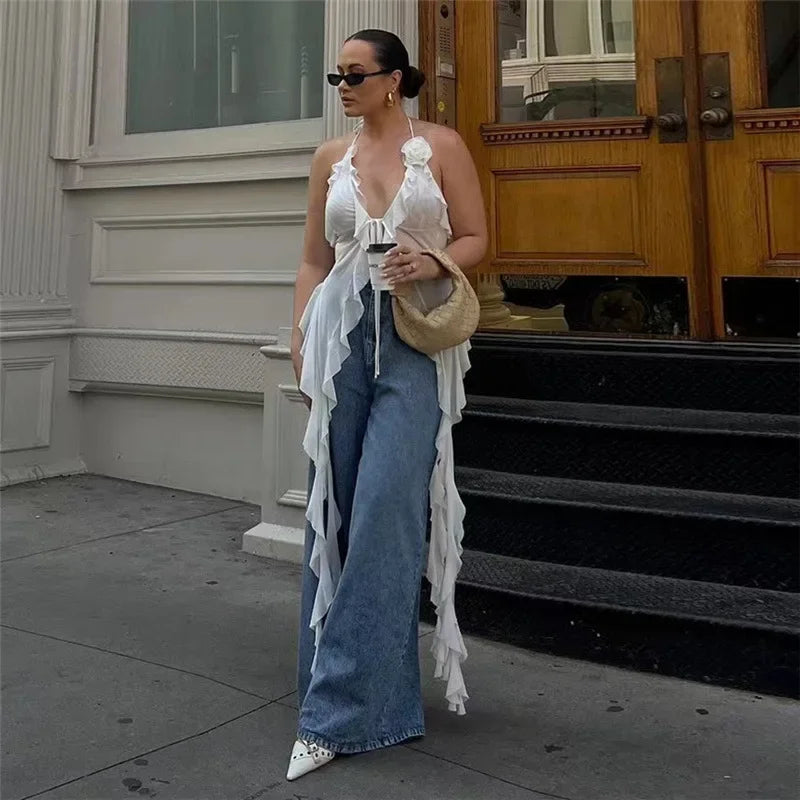 Y2K Sheer Mesh Spaghetti Strap Camisole Top White Ruffle Fringe Halter Tops Coquette Fairy Core Clothes 2024 Fashion