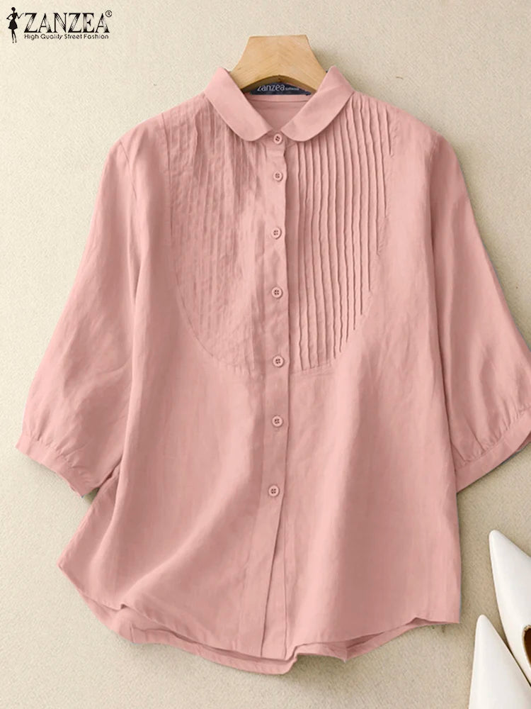 ZANZEA Women Vintage Pintuck Shirts Casual Turn-Down Collar Half Puff Sleeve Button Up Chemises Femme Street Fashion Solid Tops