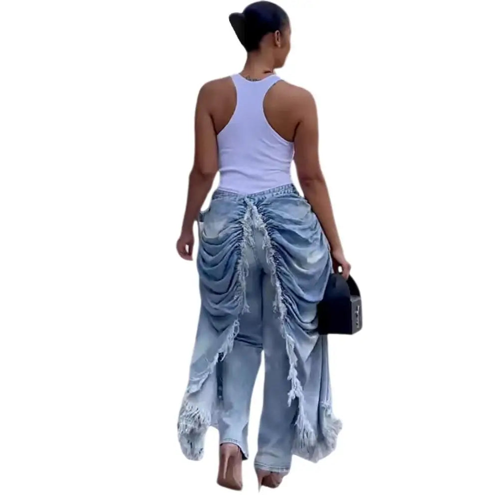 Washed Patchwork Denim Straight Pleated Pants For Women
