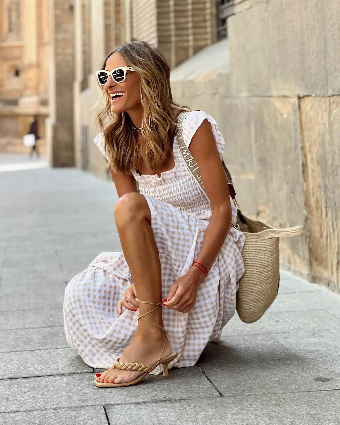Flowy Plaid Backless Maxi Dress with Elastic Waist for Women