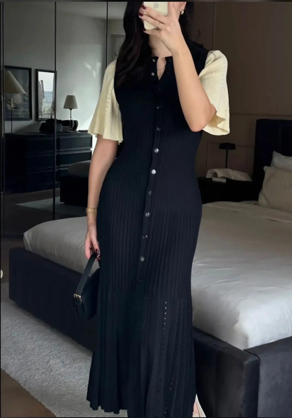 Elegant Pleated Hem Street Fashion O Neck Bell Sleeve Slim Knit Midi Dress 2025 Women Summer Beach Swimsuit Cover Up Tunic A3055