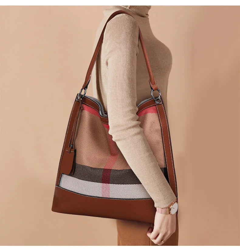 Versatile Large Capacity Plaid Canvas Messenger Bag for Women