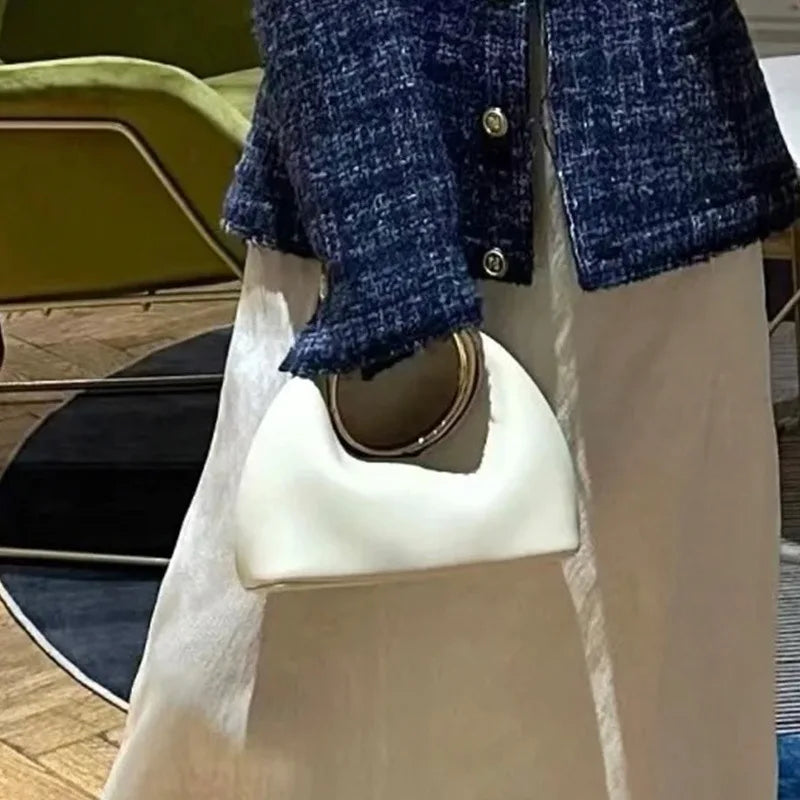 2025 Metallic Round Handle Handbag Evening Bags for Women New Soft Vegan Half Moon Wedding Clutch Purse PU Leather Shoulder Bags