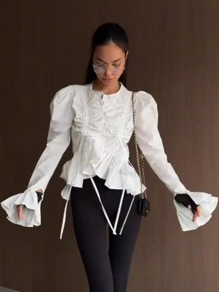 Chic Solid Ruffle Pleated Puff Sleeve Shirt for Women