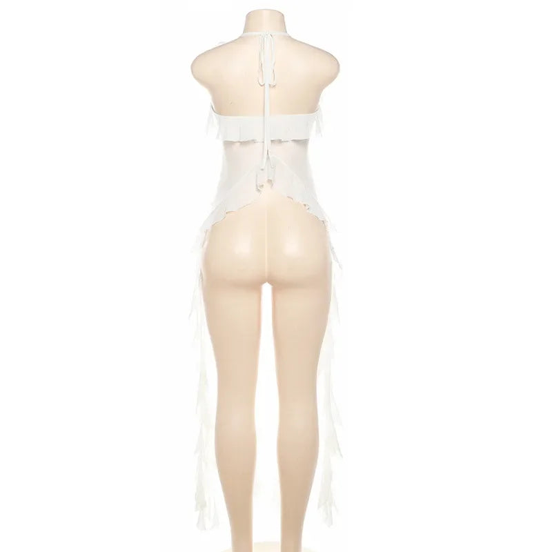 Y2K Sheer Mesh Spaghetti Strap Camisole Top White Ruffle Fringe Halter Tops Coquette Fairy Core Clothes 2024 Fashion