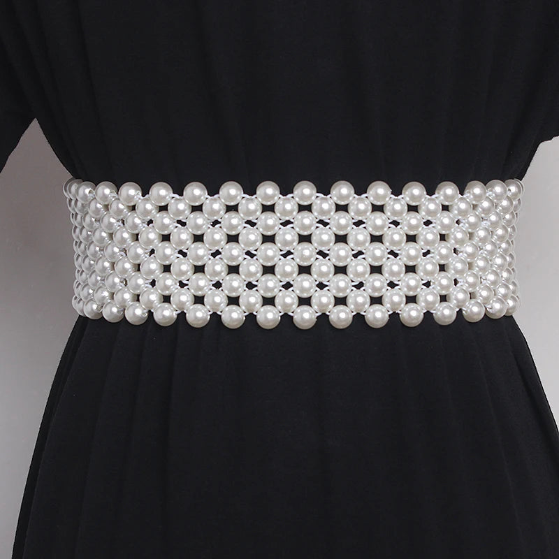 Pearl Embellished Elastic Waist Chain Belt for Women