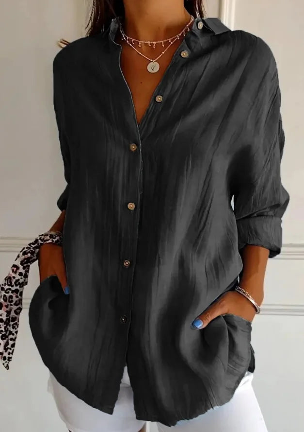 Relaxed Fit Long Sleeve Solid Color Blouse For Women