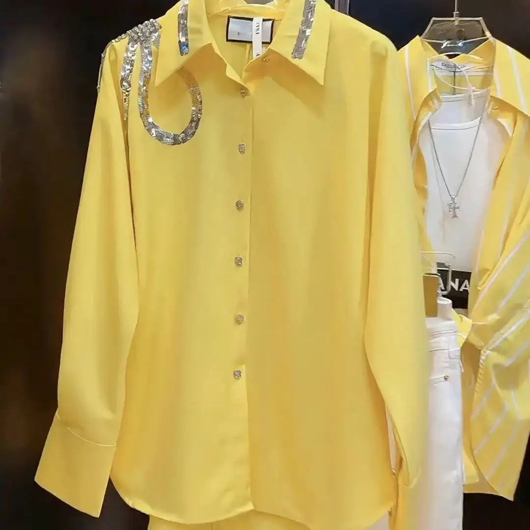 Loose Fit Sequined Embroidered Yellow Blouse For Women