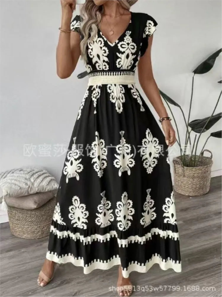 Beach Print Midi with V-Neck and High Waist Dress for Women