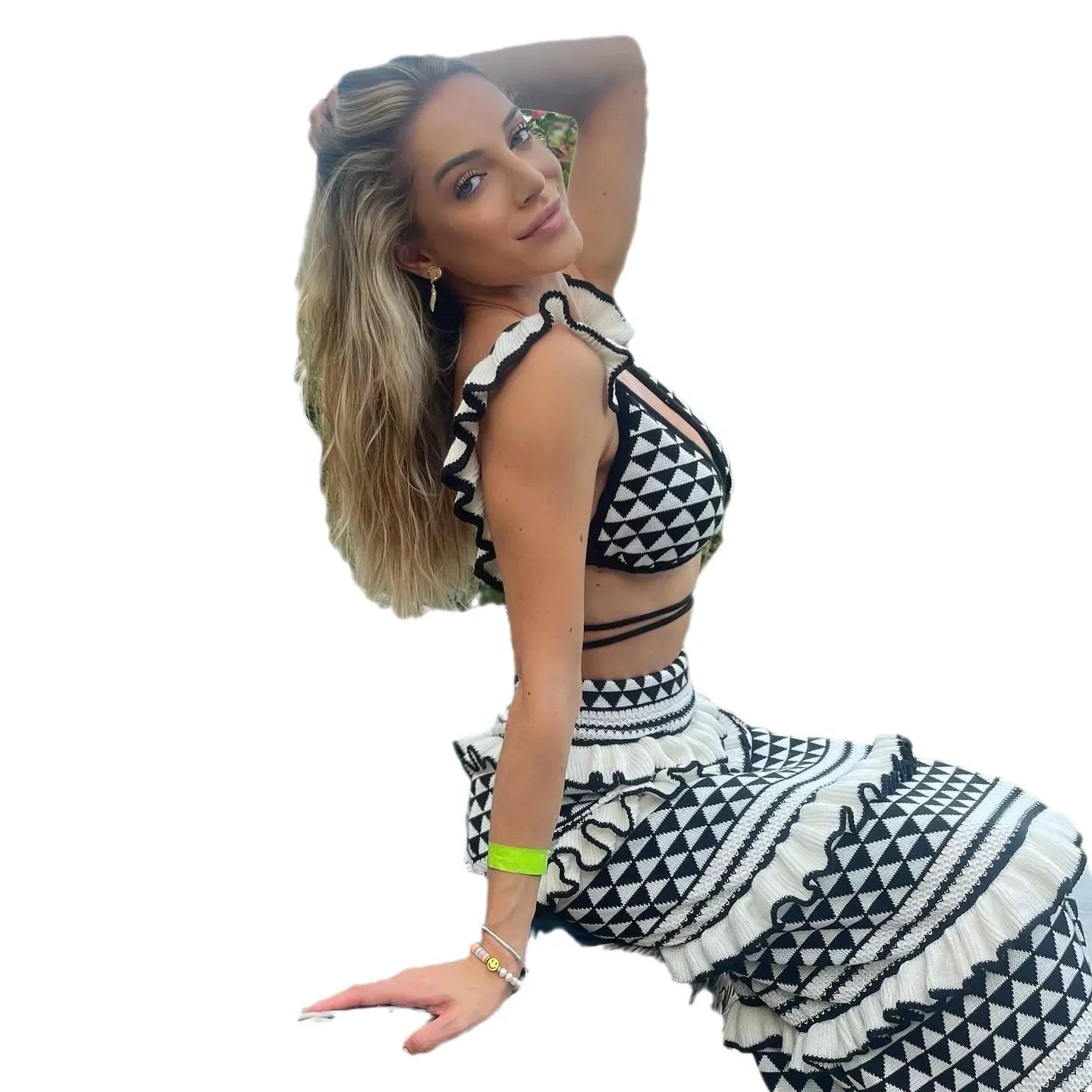 Black And White Striped Lace-Up Two-Piece Bikini for Women