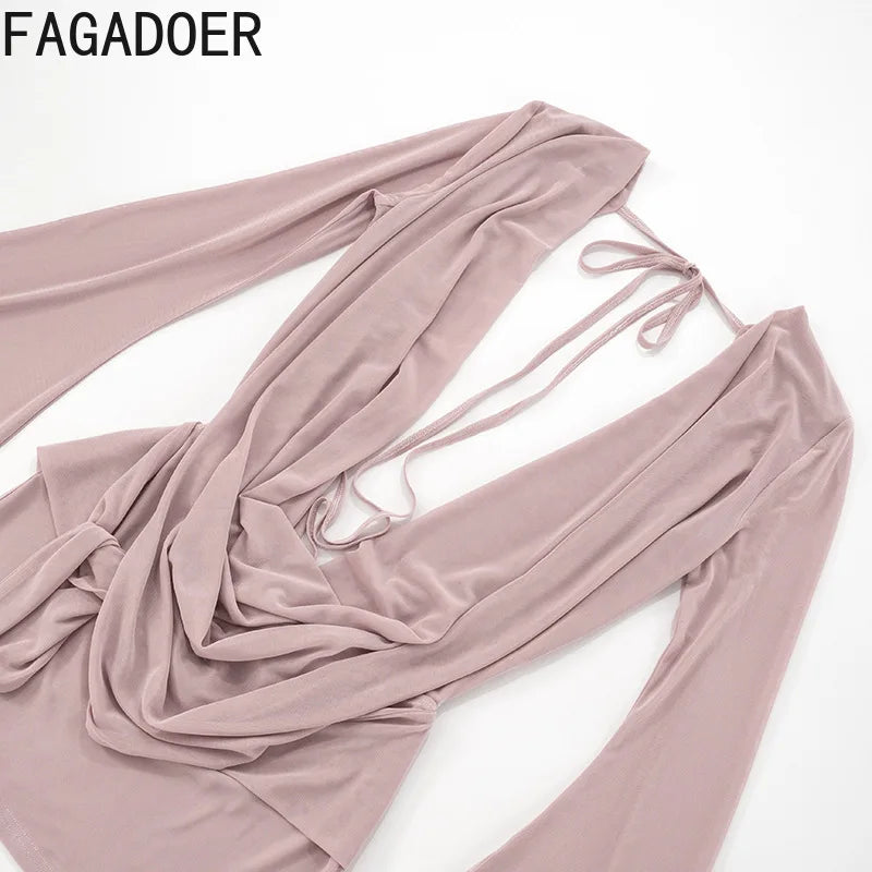 FAGADOER Sexy Mesh See Through Mini Bodycon Dress Women Long Sleeves Deep V-neck Irregular Dresses Female Streetwear Vestidos
