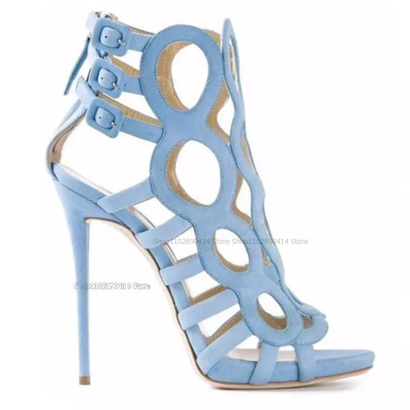 Blue Open Toe Hollow Back Zipper Stiletto Sandals for Women