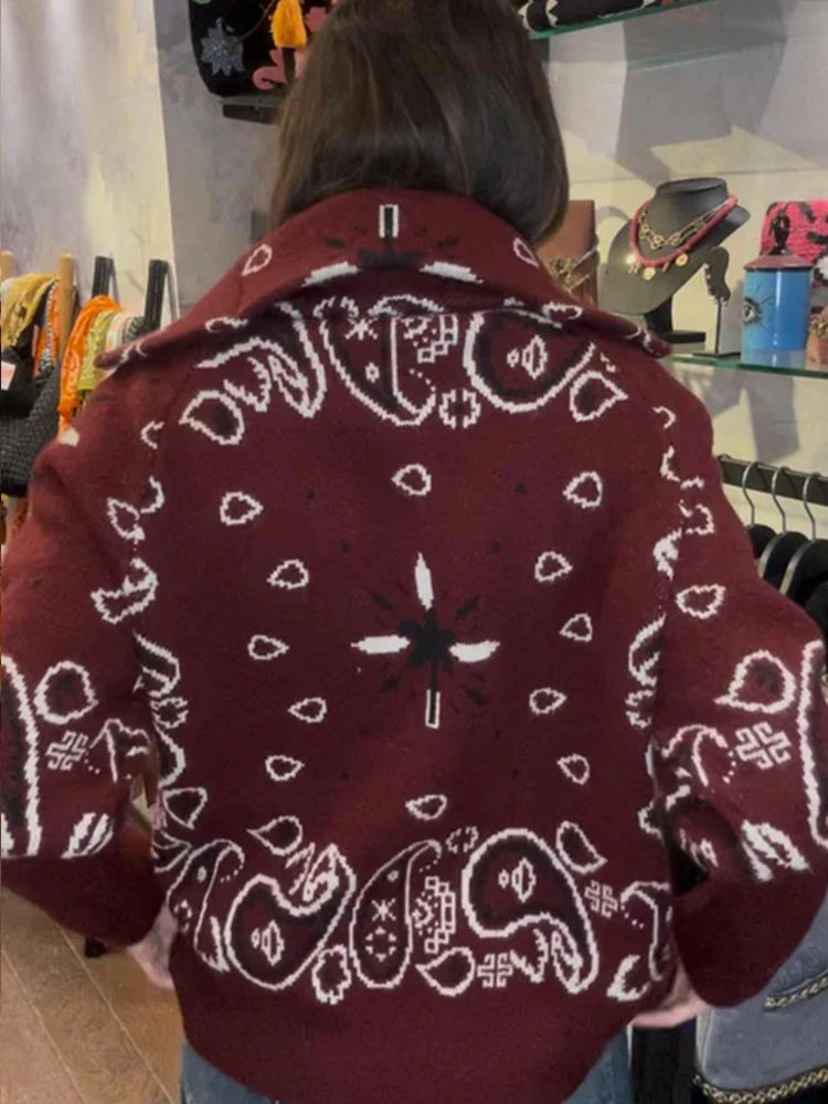 Loose Jacquard Cardigan With Stand Collar And Zipper Pockets For Women