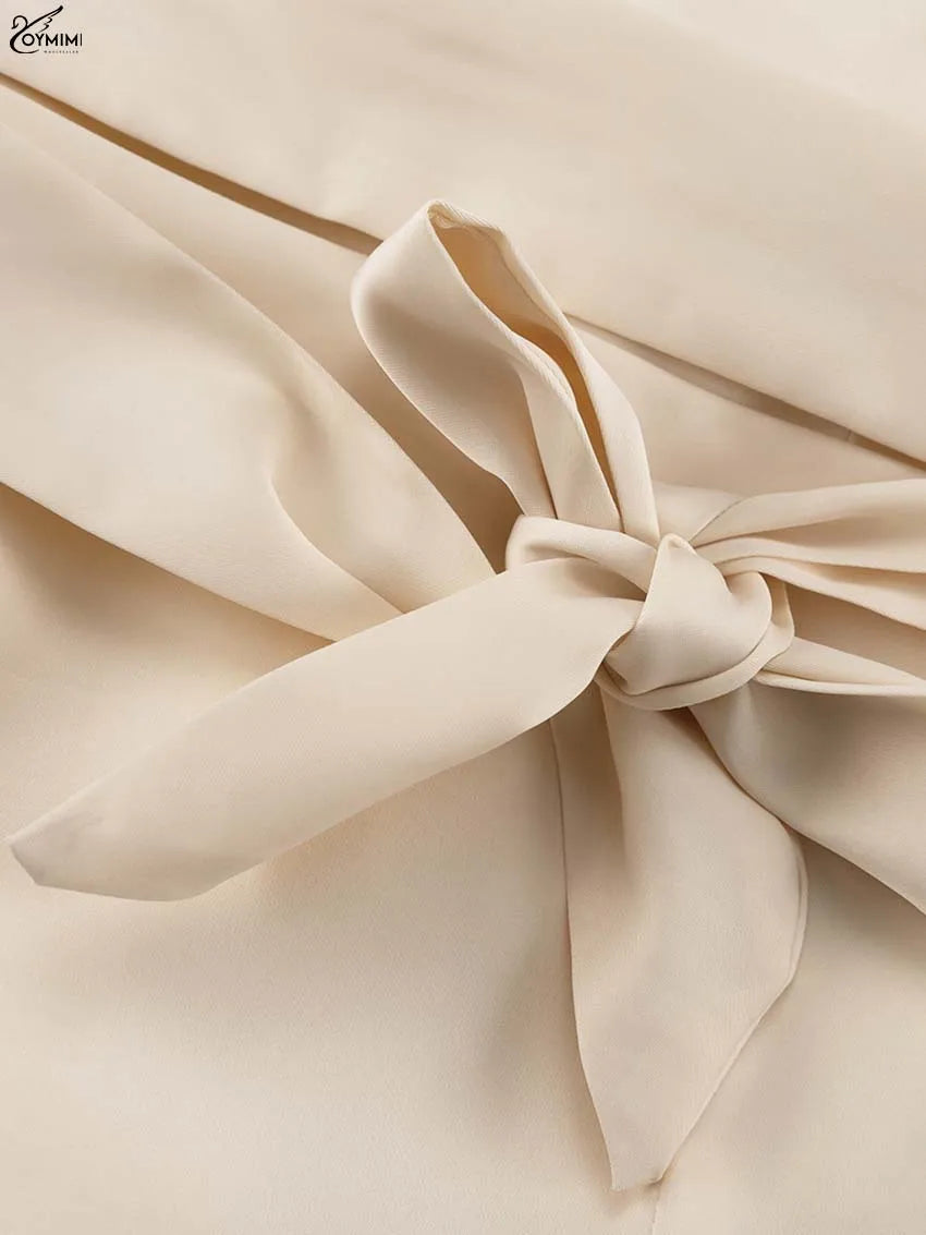 Oymimi Elegant Apricot 2 Piece Sets Women Outfit Fashion Long Sleeve Lace-Up Shirts And High Waist Straight Simple Trousers Sets