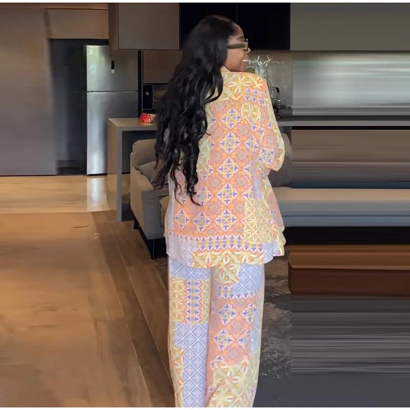 Casual Print Long Sleeve V-Neck Top Wide-Leg Trousers Two-Piece Set for Women