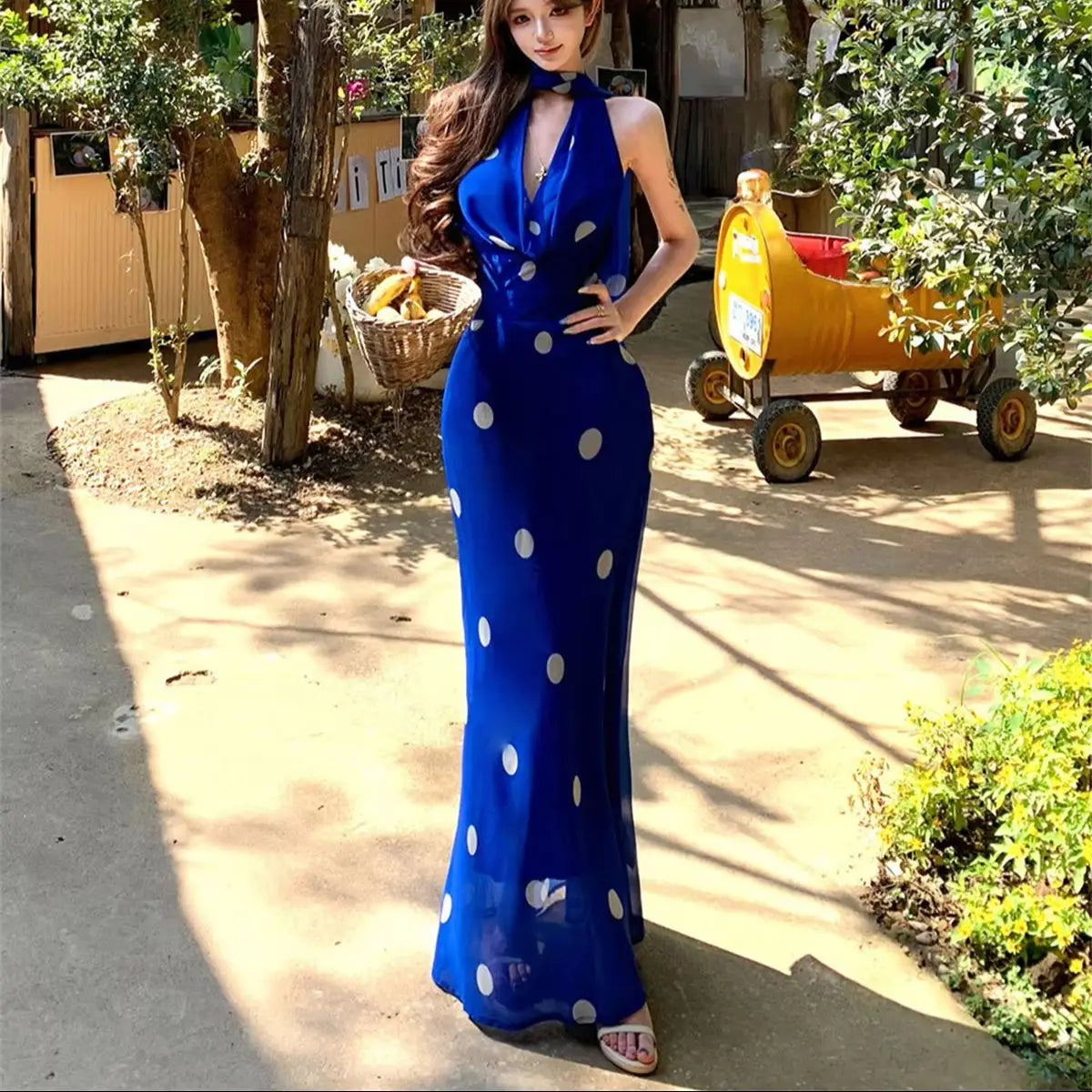 Vintage Polka Dot Backless Halter Maxi Dress for Women