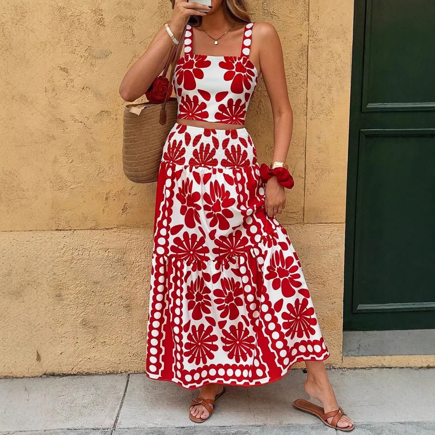 Boho Backless Vintage Print Cami Top And Maxi Skirt Set for Women