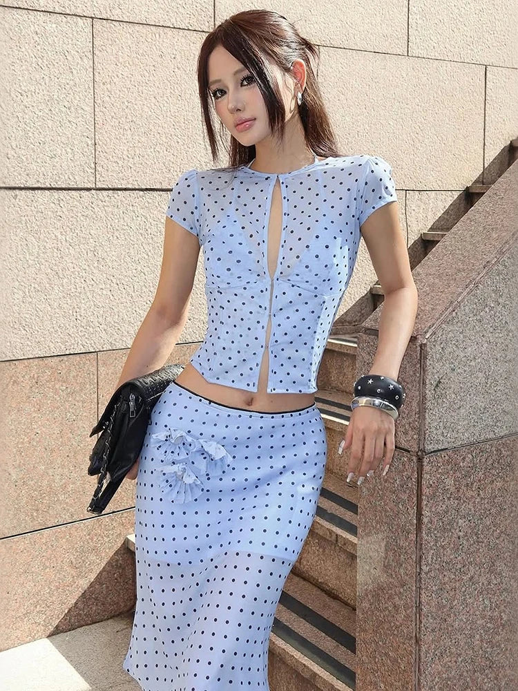 Polka Dot Print Floral Embellishment Two Piece Set for Women