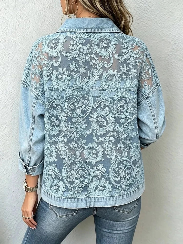 Contemporary Lace Spliced Casual Denim Jacket For Women