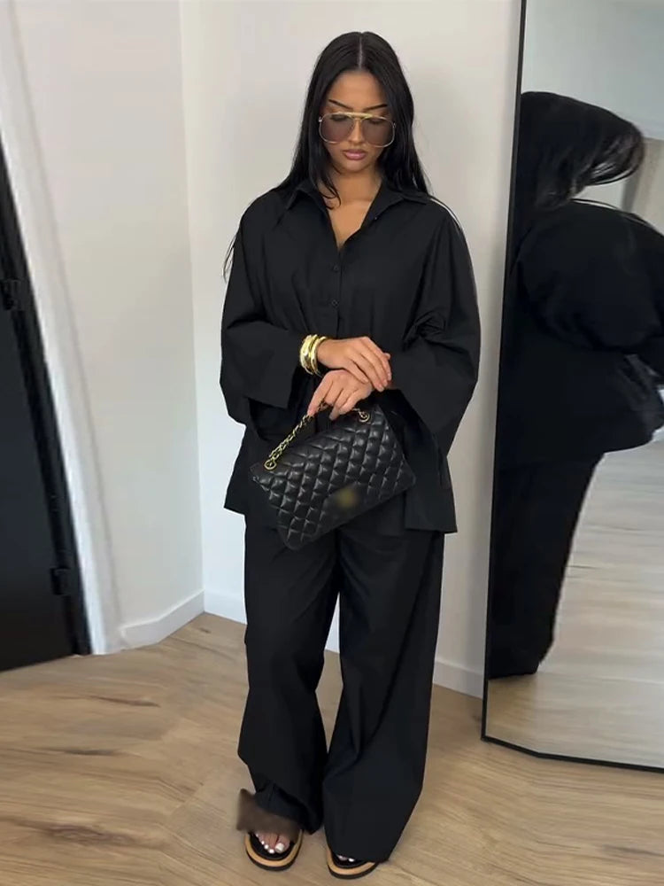 Casual Solid Shirt and Wide Leg Pants Set for Women