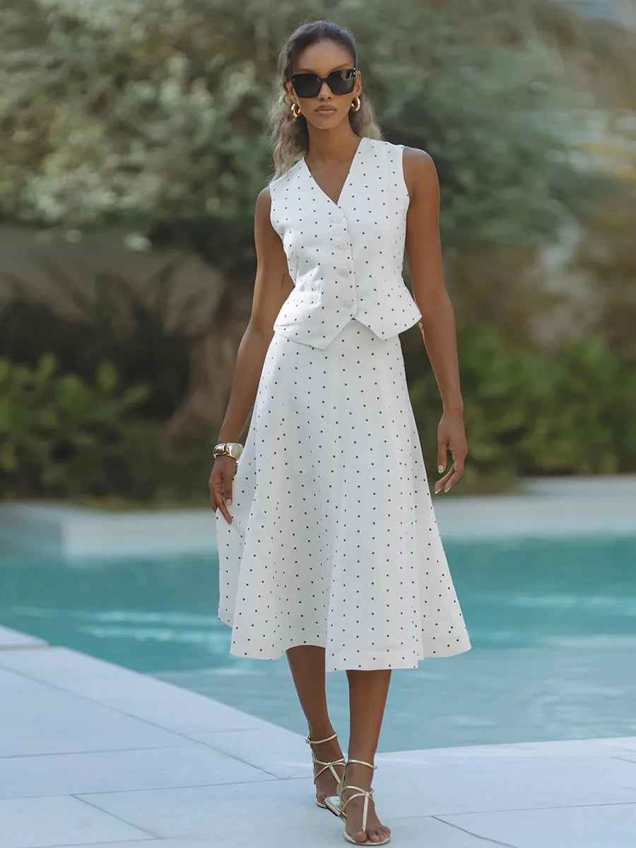 Elegant Polka Dot V Neck Sleeveless Two Piece Set For Women