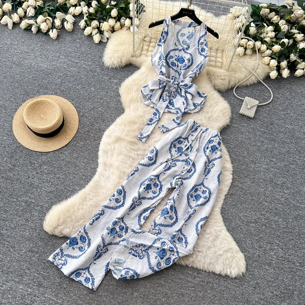 Boho Print Lace-Up Tank Top and Wide-Leg Pants Set for Women