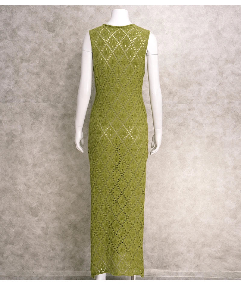 Sexy Cut Out Slit Knit Mesh Swimsuit Cover Up Pareo Tunic 2025 Summer Beach Maxi Dress Bikini Cover-ups Women Beachwear A2318