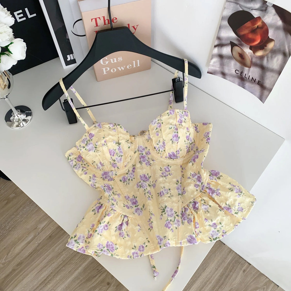 French Corset Print Ruffle Strap Tank Top for Women