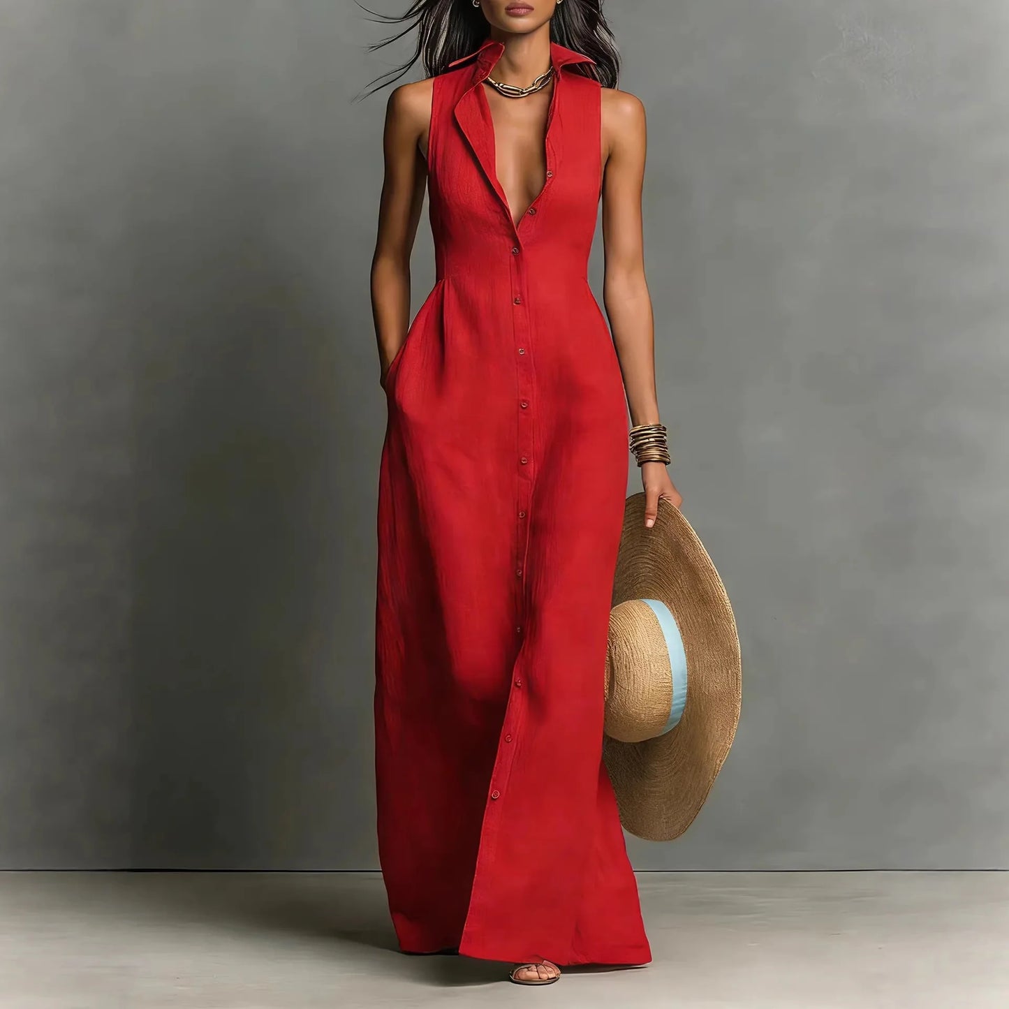 Elegant Deep V Neck Button Pocket Maxi Dress for Women