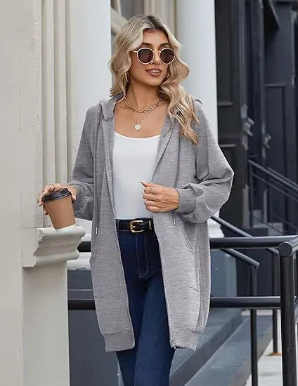 Solid Color Long Sleeve Zippered Hoodies For Women