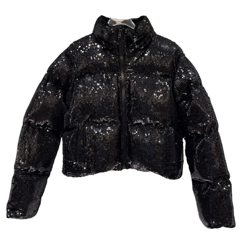 Shiny Sequin Stand Collar Padded Winter Jacket For Women