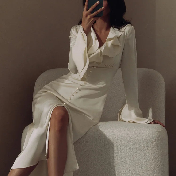 TARUXY Ruffle V Neck Elegant Dress For Women Slim Long Sleeve High Waist Temperament Dresses Femme Party Slit Long Dress Woman