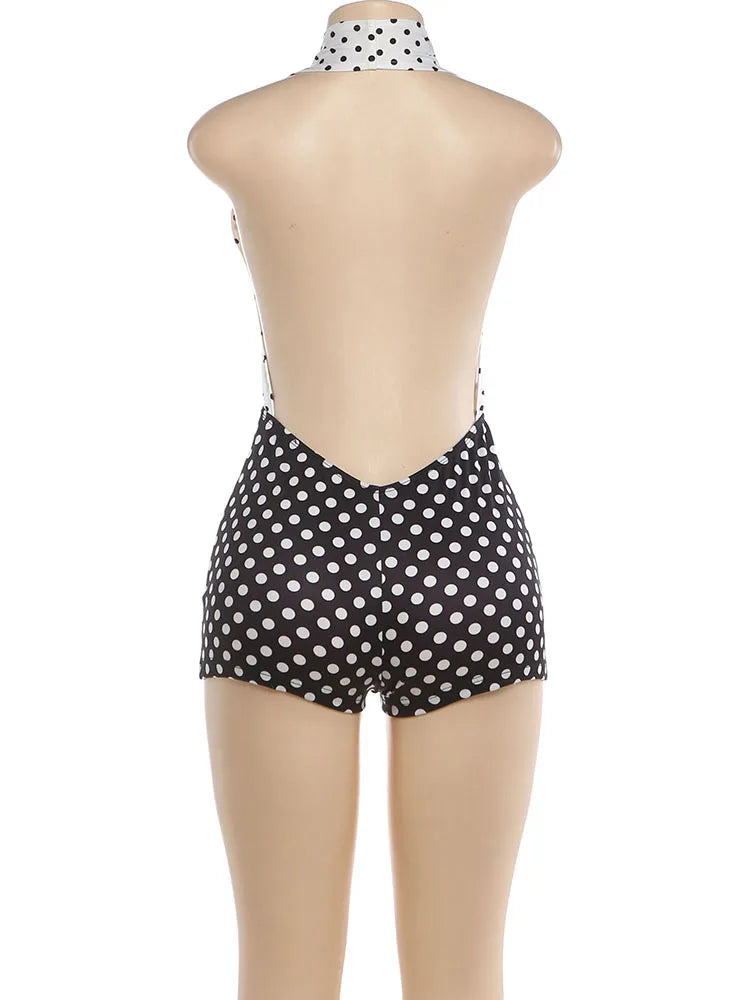 Halter Neck Backless Polka Dot Stretch Romper for Women