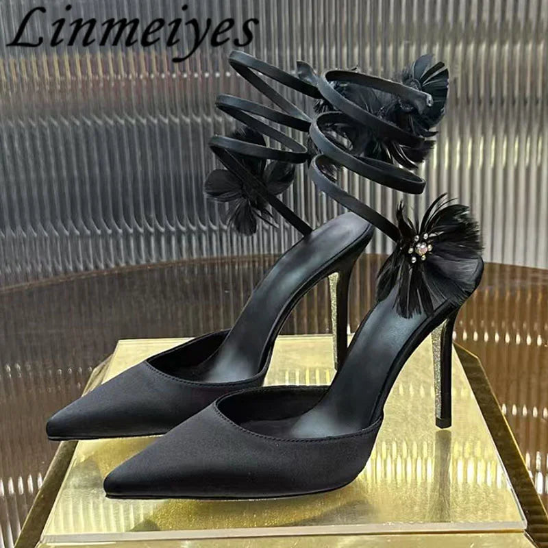 Rhinestone Feather Flower Embellished Ankle Strap High Heel Sandals for Women