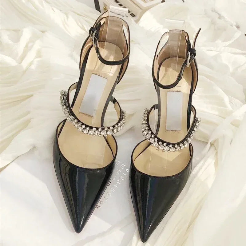 Crystal Embellished Pointed Toe Patent Leather Buckle Heels for Women
