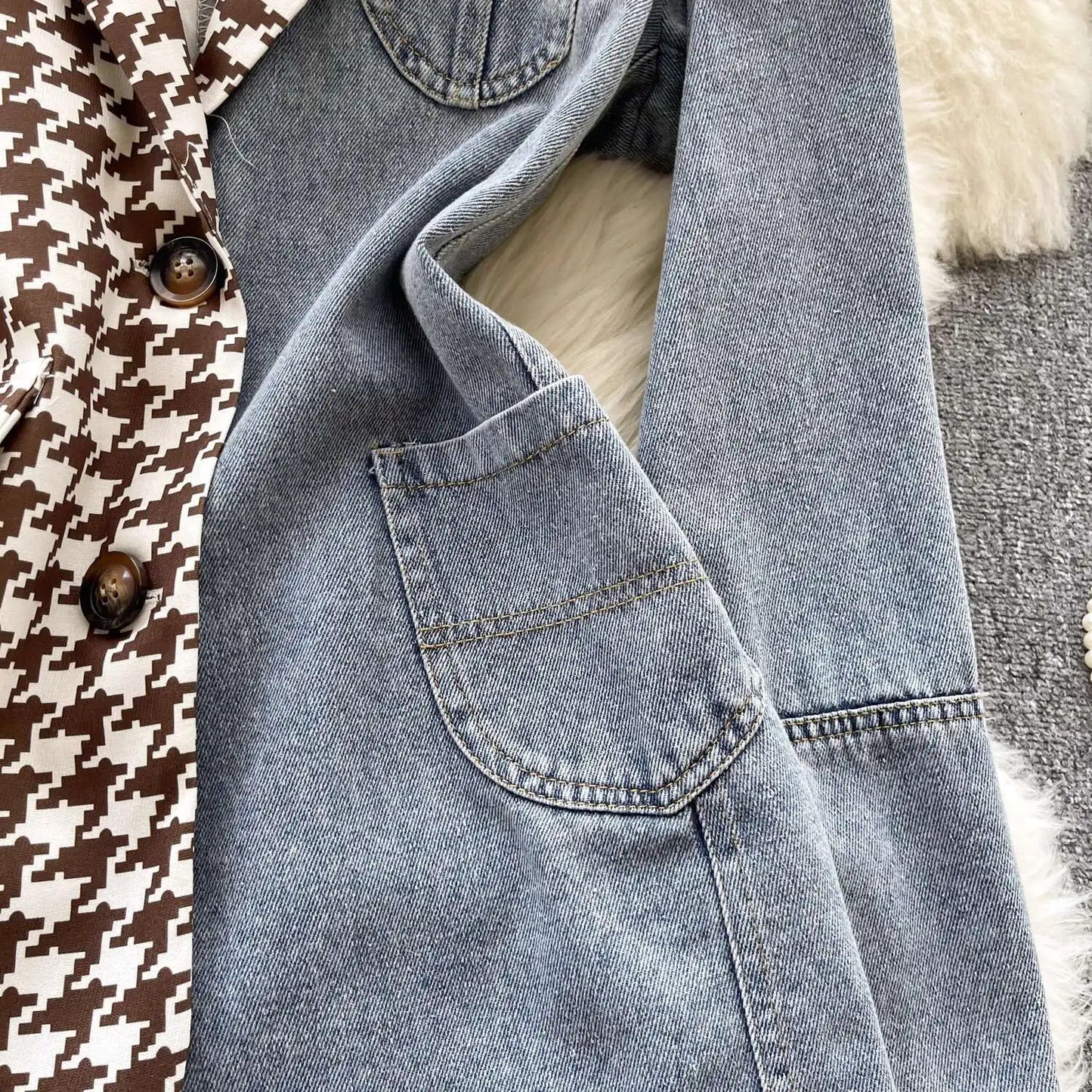 ANJY Autumn New Women Vintage Streetwear Ins Stylish Denim Patchwork Single Breasted Coat Casual Elegant Asymmetric Blazer A8421
