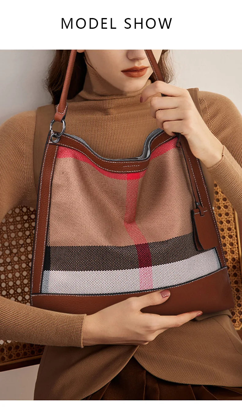 Versatile Large Capacity Plaid Canvas Messenger Bag for Women
