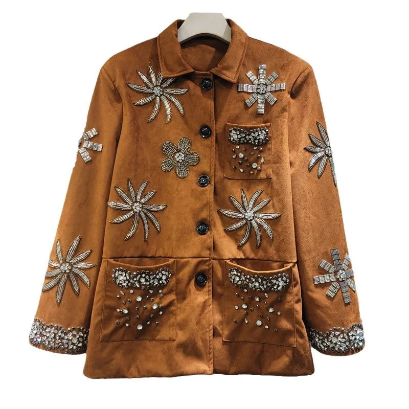 YEAE beaded diamond flower jacket niche lapel single-breasted casual loose long-sleeved jacket