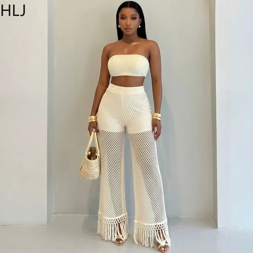 Crochet Bandeau Top and Tassel Wide Leg Pants Set for Women