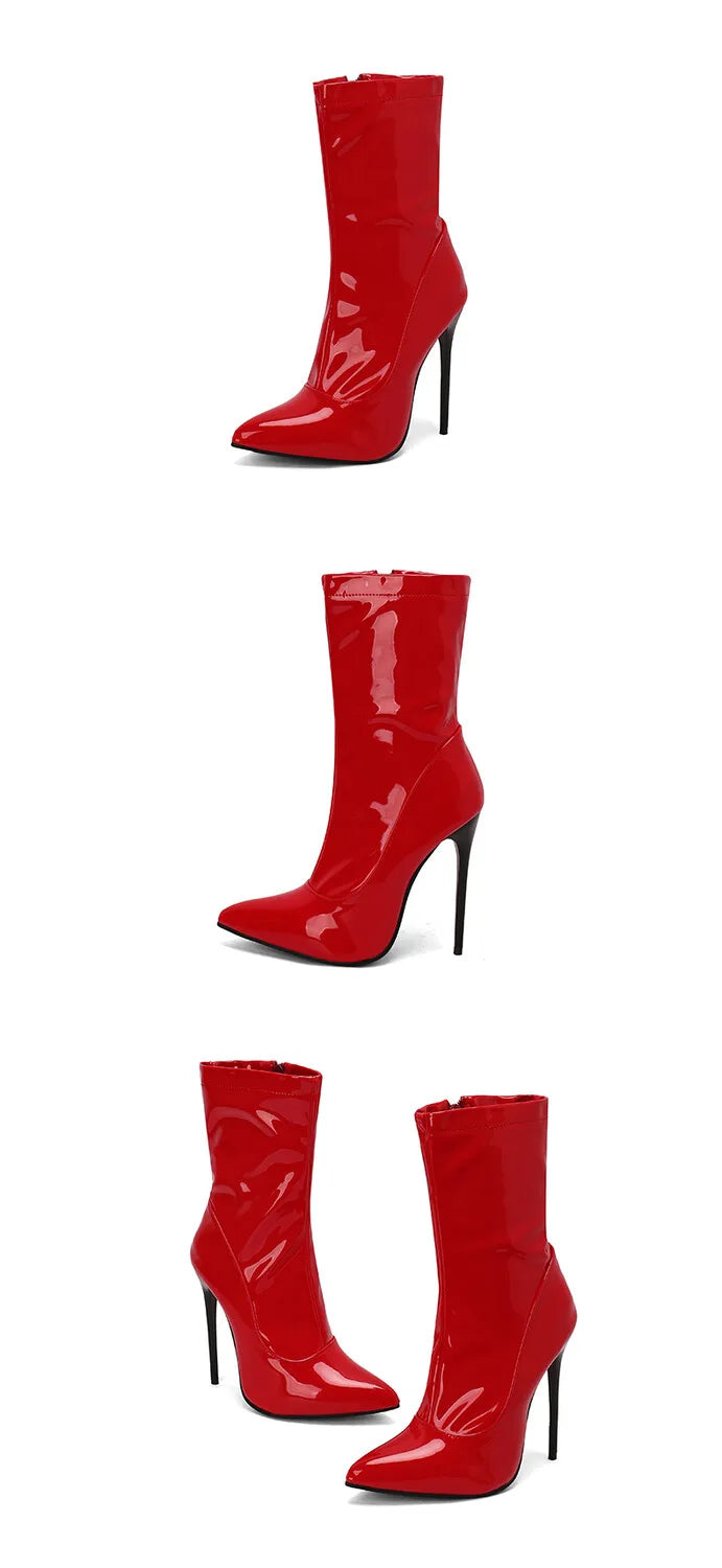 Pointed Toe Soft Patent Leather Side Zipper Stiletto Ankle Boots for Women