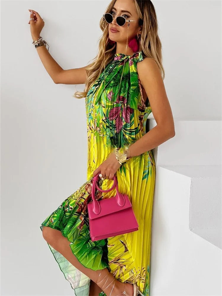 Wmstar Women Dress Lady Casual Loose Halter Pleated Maxi Fashion Leaf Print Sleeveless Beach Boho Elegant Halter Long Dresses